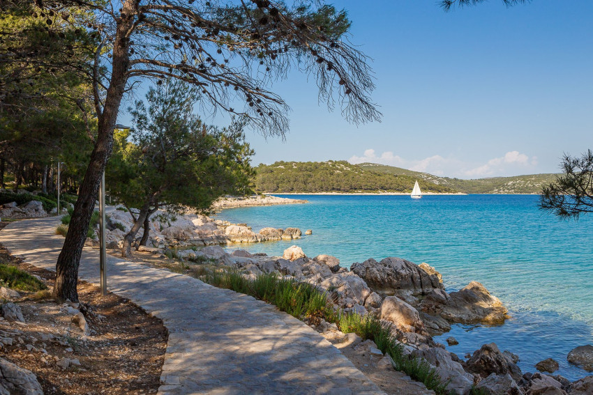 Scenic stone-paved walking path along the rocky coastline of Murter Island, Croatia, surrounded by pine trees and overlooking the turquoise sea with a sailboat in the distance.